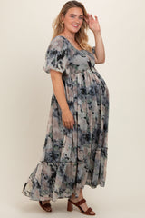 Black Floral Puff Sleeve Maternity Plus Maxi Dress