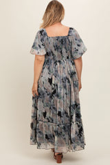 Black Floral Puff Sleeve Maternity Plus Maxi Dress