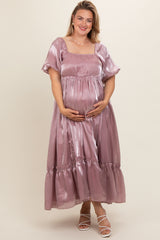 Mauve Puff Sleeve Ruffle Hem Plus Maternity Maxi Dress