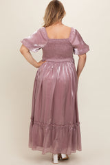 Mauve Puff Sleeve Ruffle Hem Plus Maternity Maxi Dress