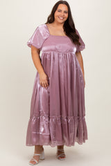 Mauve Puff Sleeve Ruffle Hem Plus Maternity Maxi Dress