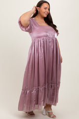 Mauve Puff Sleeve Ruffle Hem Plus Maxi Dress