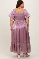 Mauve Puff Sleeve Ruffle Hem Plus Maxi Dress