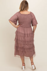 Pink Swiss Dot Smocked Tiered Maternity Plus Midi Dress