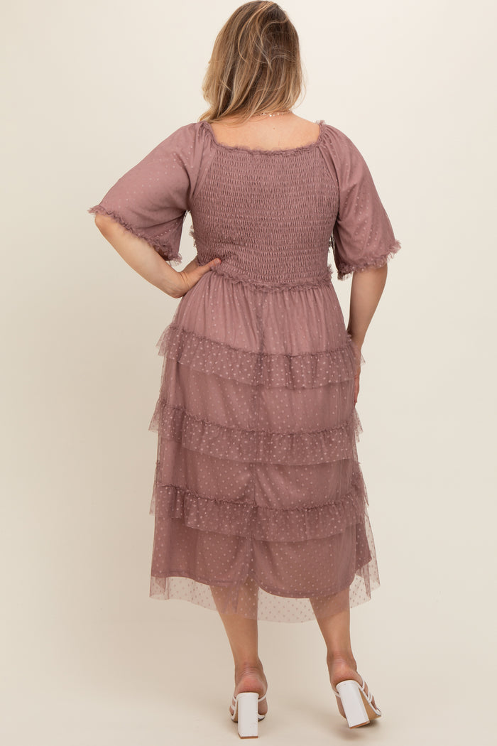 Pink Swiss Dot Smocked Tiered Maternity Plus Midi Dress