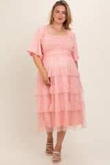 Light Pink Swiss Dot Smocked Tiered Maternity Plus Midi Dress