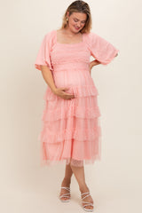 Light Pink Swiss Dot Smocked Tiered Maternity Plus Midi Dress