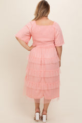 Light Pink Swiss Dot Smocked Tiered Maternity Plus Midi Dress