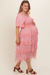 Pink Floral Tulle Smocked Ruffle Tiered Maternity Plus Midi Dress