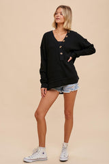 Black Waffle Knit Deep V-Neck Top