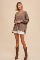 Mocha Waffle Knit Deep V-Neck Top