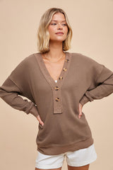 Mocha Waffle Knit Deep V-Neck Top