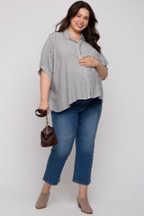 Charcoal Striped Button Up Short Dolman Sleeve Maternity Plus Top