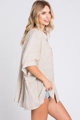 Taupe Striped Button Up Dolman Top