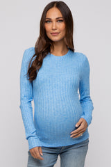 Blue Ribbed Long Sleeve Maternity Top