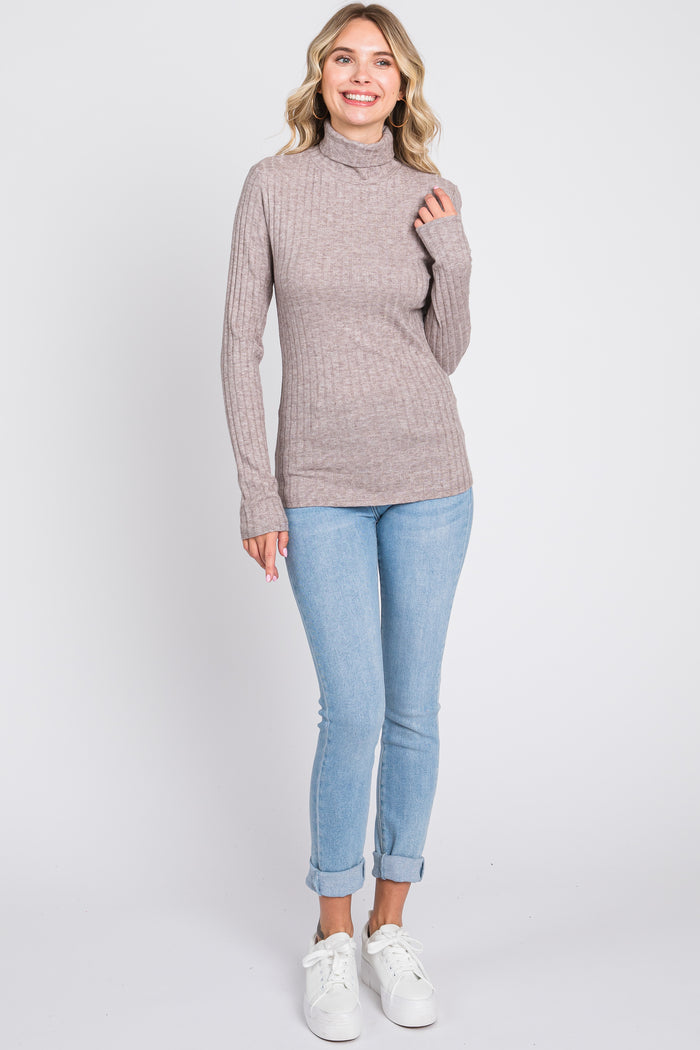 Mocha Ribbed Long Sleeve Turtle Neck Top