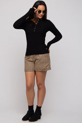 Black Ribbed Knit Button Long Sleeve Top