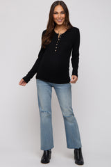 Black Ribbed Knit Button Long Sleeve Maternity Top