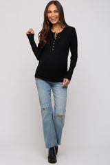 Black Ribbed Knit Button Long Sleeve Maternity Top