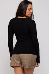 Black Ribbed Knit Button Long Sleeve Top