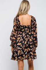 Black Floral Chiffon Sweetheart Neck Long Puff Sleeve Maternity Dress