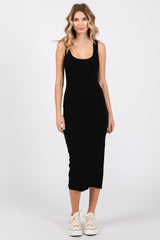 Black Ribbed Knit Sleeveless Side Slit Dress