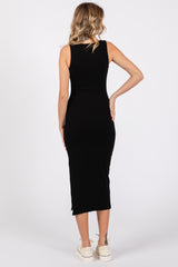 Black Ribbed Knit Sleeveless Side Slit Dress