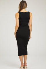 Black Ribbed Knit Sleeveless Side Slit Maternity Dress