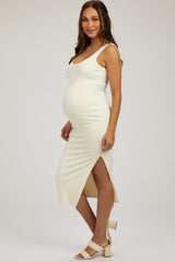 Ivory Ribbed Knit Sleeveless Side Slit Maternity Dress