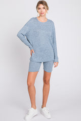 Blue Ribbed Long Sleeve Shorts Set