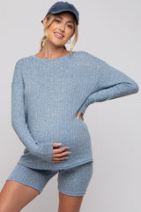 Blue Ribbed Long Sleeve Maternity Shorts Set