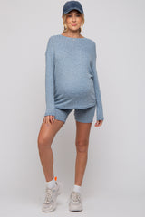 Blue Ribbed Long Sleeve Maternity Shorts Set