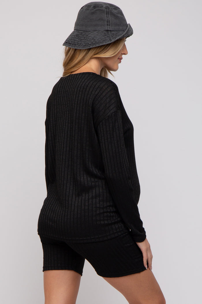 Black Ribbed Long Sleeve Maternity Shorts Set