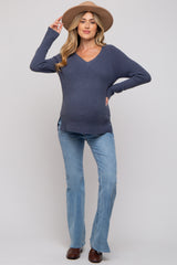 Blue V-Neck Basic Maternity Sweater