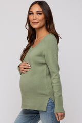 Light Olive V-Neck Basic Maternity Sweater