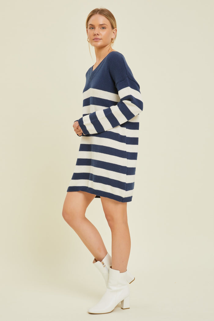 Navy Striped V-Neck Sweater Dress