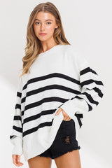 Ivory Striped Oversized Side Slit Sweater