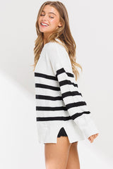 Ivory Striped Oversized Side Slit Sweater