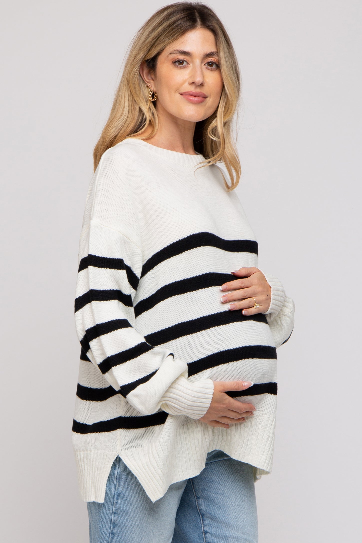 Ivory Striped Oversized Side Slit Maternity Sweater