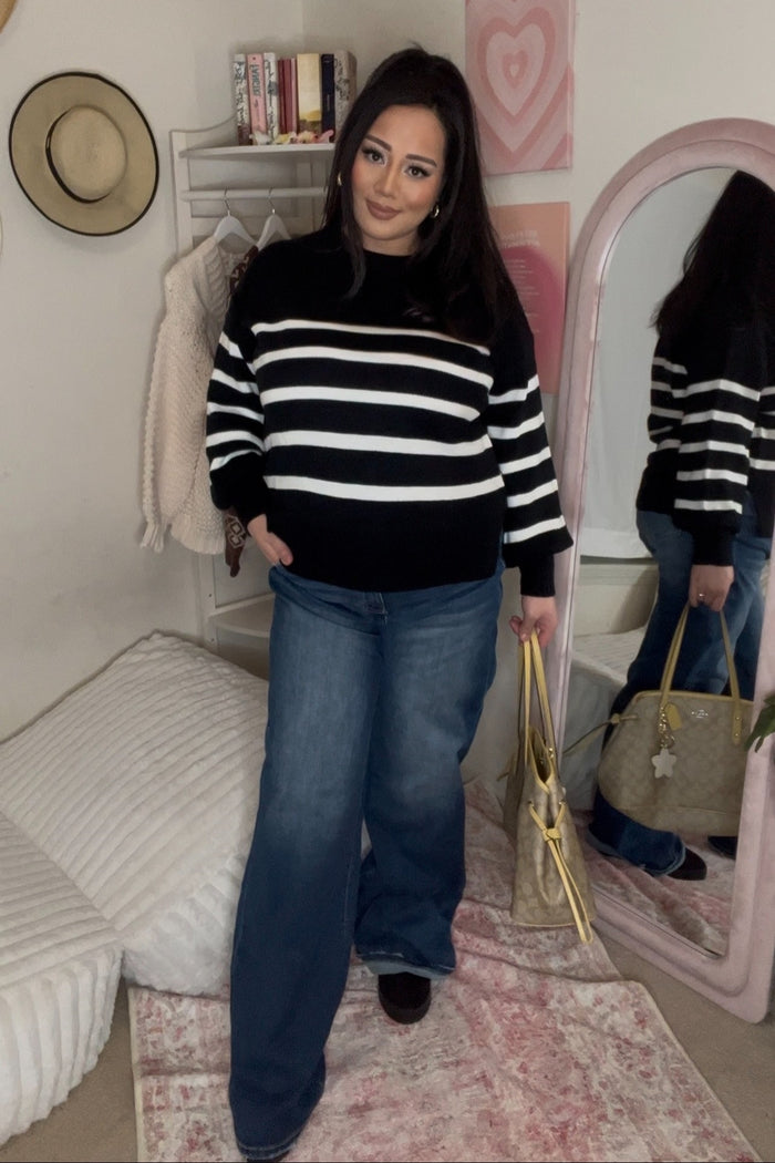 Black Striped Oversized Side Slit Maternity Sweater