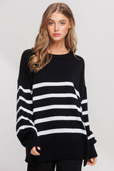 Black Striped Oversized Side Slit Sweater