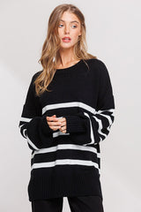 Black Striped Oversized Side Slit Sweater