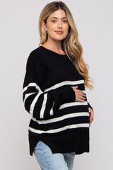 Black Striped Oversized Side Slit Maternity Sweater