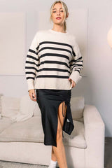 Taupe Striped Oversized Side Slit Sweater