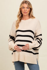 Beige Striped Oversized Side Slit Maternity Sweater