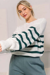 Forest Green Striped Oversized Side Slit Sweater