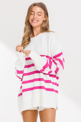 Fuchsia Striped Oversized Side Slit Sweater