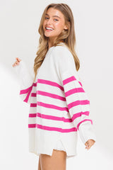 Fuchsia Striped Oversized Side Slit Sweater