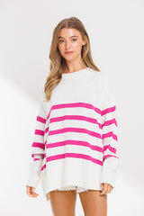 Fuchsia Striped Oversized Side Slit Sweater