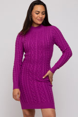 Magenta Cable Knit Mock Neck Long Sleeve Sweater Dress